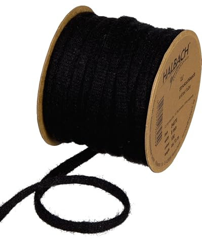 Halbach Seidenbänder Premium Woll Strickschlauch (vegan) Breite: 8mm Länge: 15m Schlauchgarn mit Draht befüllbar für DIY Projekte und Namensschilder Farbe: schwarz