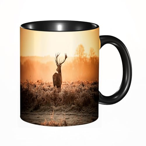 HRRASFAZF Tasse Kaffeetassen,Große 330ml Mit Henkel 100% Handbemalt kaffeebecher porzellan,Jagd, Rothirsch in der Morgensonne Wilde Naturlandschaft,Frauen,Jahrestag,Muttertag