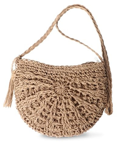 Strohtasche Damen Stroh Handy Umhängetasche Klein Gestrickte Schultertasche Sommertasche Strandhandtasche Böhmische Kleine Geldbörse Handgewebt Strandtasche für Damenreisen Urlaub (Braun-B)