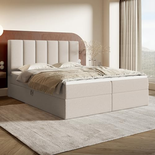 MOTIVENA Santiago Boxspringbett 180x200 Beige Boucle, mit Taschenfederkern-Matratze (H3), mit T28 Komfortschaumstoff Topper (H3), Boxspringbett 180x200 mit Bettkasten Beige (Creme)