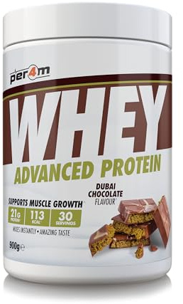 Per4m Whey Protein Powder | High Protein Shake for Muscle Growth & Recovery | Low Sugar Gym Supplement | Sports Nutrition Drink + Amino Acids (900g, Dubai Chocolate)