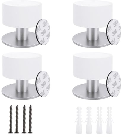 AHAQU 4PCS Door Stoppers, Door Stop with Extra Stickers, Self-Adhesive White Rubber Door Stops, Stainless Steel Body, Heavy Duty Sound Dampening Door Bumpers for Home & Office Use