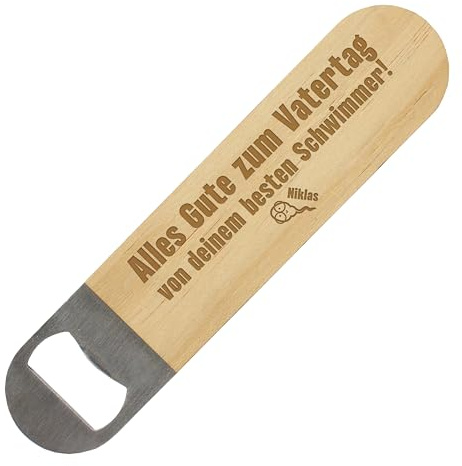 Flaschenöffner „Alles Gute zum Vatertag von deinem besten Schwimmer!“ - Aussehen & Namen personalisiert - Edelstahl, Holzgriff mit Gravur - Geschenk für Papa - ca. 17,5 x 4 cm - 1 Schwimmer