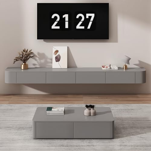 Ecoxsnz Floating TV Unit with Flip-Down Doors, 140 CM Wall Mounted TV Stand With Drawers, Floating TV Media Cabinet With Storage for Living Room & Bedroom (Grey, 140cm)