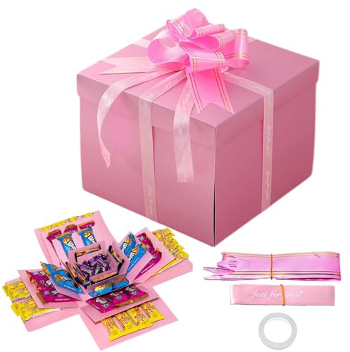Überraschungbox 5-lagige Explosionsbox Geburtstag mit Band und Klebeband | 23 x 23 x 16cm Hochwertiges Papier Rosa Surprise Box für Valentinstagsgeschenke Geburtstag Hochzeitstag Weihnachten