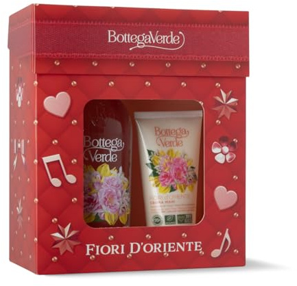 Bottega Verde - Cofanetto Regalo Fiori d’Oriente, con Bagnodoccia 400 ml e Crema Mani 75 ml, Profumo Ylang Ylang e Rosa Damascena, Idea Regalo