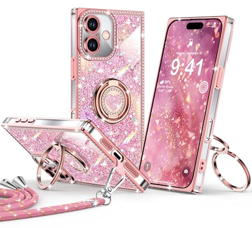 XYZ for iPhone 16 Case, Glitter Cover with 2-Ring Stand Pink | Heart Double Ring Holder, Bling Lanyard, Women Girls Luxury Rhinestone Shockproof Protective Case, Pink