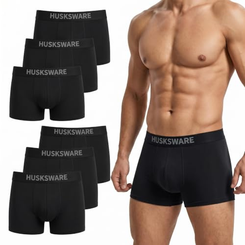 HUSKSWARE Men’s Boxer Shorts 6 Pack, 180g Cotton Men’s Underwear, Tagless & Non-Irritating, Breathable & Stretch Retro Boxers with 3D Pouch Grey