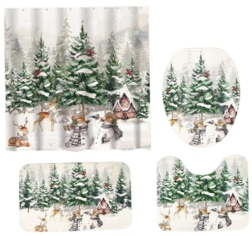 4-teiliges/Set Weihnachts-Duschvorhang-Set, Baum-Schneemann-Weihnachts-Badezimmer-Sets mit WC-Deckelbezug, Badezimmerteppichen, wasserdichter Duschvorhang mit 12 Haken