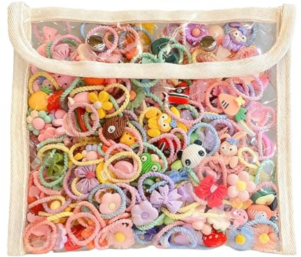 YOFDAL 100 Pièces Elastique Cheveux Bebe Fille, Accessoires pour Cheveux de Dessin Animé, Chouchou Colorés Elastiques,Avec un sac de Rangement Beige