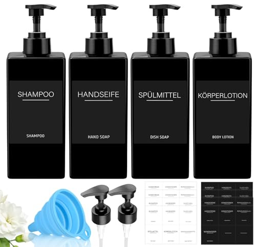 ComPDCVD 4er Seifenspender Schwarz Set 500ml Shampoo Flaschen zum Befüllen | Spülmittelspender Duschgel Spender Pumpspe mit 48 Wasserdichten Etiketten 6 Pumpenkopf und Trichter für Küche Badezimmer Bad