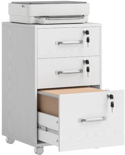 HOMCOM Mobile Filing Cabinet with 3 Drawers, Wheels, Lockable, White | Rolling Under Desk Drawers, for A4 and Letter Sized Hanging File Holders, Printer Stand, Home Office
