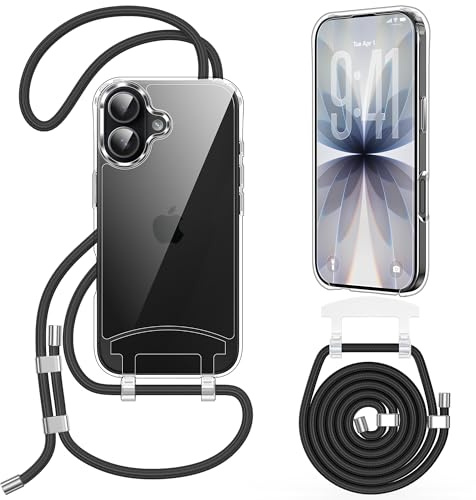 OLEPHY Handykette mit Band für iPhone 17 Hülle, Schwarz | Verstellbarem und Demontage Band, Transparente Case mit Kordel für Outdoor & Wanderungen | Freiheit für Hände,