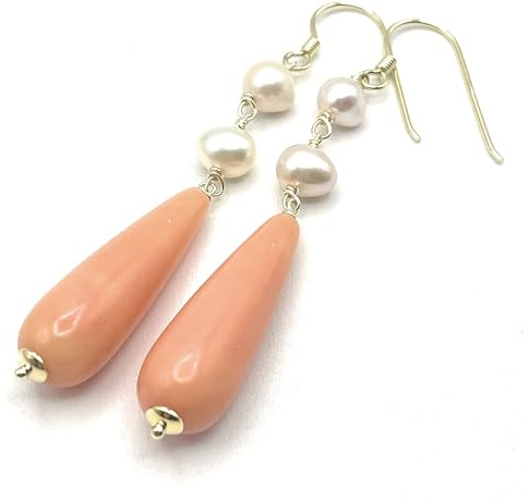 Rosa Korallen Ohrringe mit Süßwasser Perlen, Italienischer Schmuck, Gold Vermeil, Bijoux, Geschenk für Sie, Made in Italy