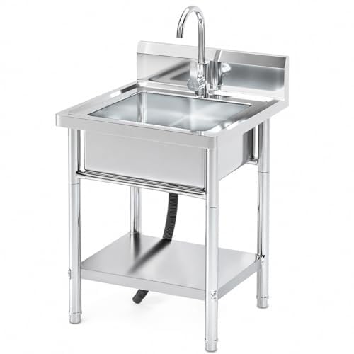 RiveraSink Lavello da esterno in Acciaio Inox 50×50×80 cm – Lavello 1 Vasca Autoportante con Paraspruzzi, Piedini Regolabili e Scarico, Ideale per Giardino, Cucina e Ristorazione