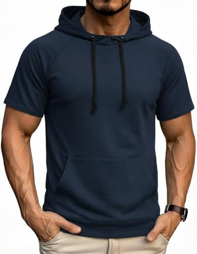 COOFANDY Men's Short Sleeve Hoodie Gym Pump Cover with Pocket | Stretch fit, Breathable, Moisture-wicking, Short sleeve, Drawstring hood, Kangaroo pocket