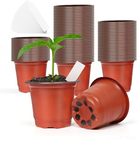 Newthinking Small Nursery Pots 100 Pack, 4Inch Plastic Plant Seedling Pots | 100 Small Seedling Pots and 100 White Labels, Plastic, Drainage Holes System, Succulent Cutting Transplanting Indoor Outdoor