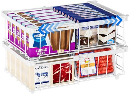 Vankarr 2 Freezer Baskets, Expandable Freezer Organiser, Stackable Storage Basket, Metal with Handles, for 140L-570L Freezer, Extendable Length (29-45.5 x 30.5 x 15 cm), White