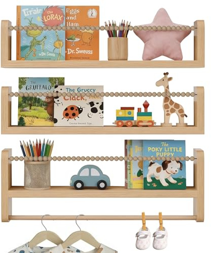 BunteHunde 3 Pack Wooden Wall Mounted Nursery Shelves, 15 Inch Floating Kids Bookshelf, Children Book Display Shelves for Baby Bedroom, Living Room, Playroom, Kindergarten (Wood)