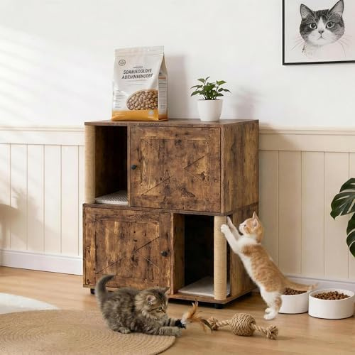 Cat Litter Box Enclosure for 2 Cats – 80x50x88cm Wooden Cat House Side End Table with Scratching Posts and Double-Layer Mat, Hidden Litter Box Furniture for Bedroom & Living Room (Brown)
