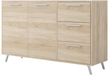 Masseno Kommode Elise 140 cm Sideboard mit 3 Schubladen und 2 Türen für Wohnzimmer Schlafzimmer Modern 140x41x86 cm Sonoma Eiche