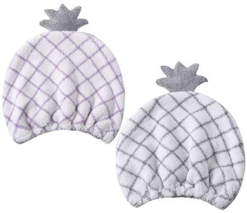 JOYOFREELY 2 Stück Süße Haartrockenhauben aus Saugfähigem Korallfleece mit Ananas Muster Leicht und Schnell Trocknend für Reisen und Tägliche Anwendung Zufällige Farbe