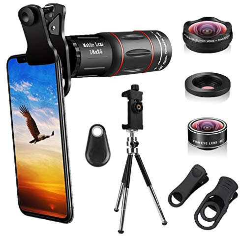 Cell Phone Camera Lenses Kit, 4 in 1 18X Telescopic Zoom Lens/4K HD Super Wide Angle/Macro/Fisheye Lens/Tripod/Camera Shutter Compatible with iPhone 12 11 Xs Max 8 7 6 Plus, Samsung Moto and More