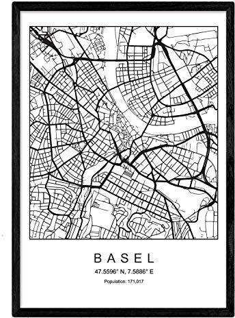 Nacnic Drucken Stadtplan Basel skandinavischen Stil in schwarz und weiß. Plakat A4 bedruckte Papier Keine 250 gr. Gemälde, Drucke und Poster für Wohnzimmer und Schlafzimmer