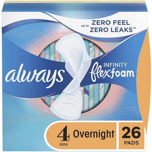 Always, Infinity with FlexFoam Pads for Women, Size 4, Overnight Absorbency with Wings, 26 Count