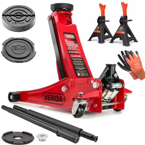Wagenheber hydraulisch 3T, 75-515 mm + 2X Gummi + + 2X Unterstellböcke + Handschuhe + mit Schmiernippel Extra Flacher Rangierwagenheber Doppelpumpsystem Doppelkolben Unterstellbock Auto Heber Profi