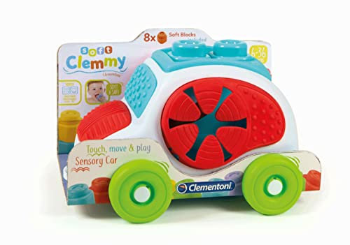 Clementoni Soft Clemmy Sensorisches Auto 17315 – Mit 8 weichen Bausteinen & Figur – Sensorik-Spielzeug für Babys & Kleinkinder ab 6 Monaten – Waschbar & sicher – Geschenkidee zum 1. Geburtstag