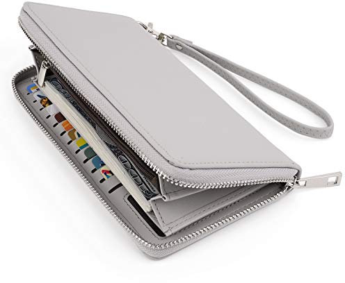UTO Portefeuille Femme Porte Cartes 18 Fentes Grand Capacité Pochette Fermeture éclair avec Bracelet Synthétique Gris