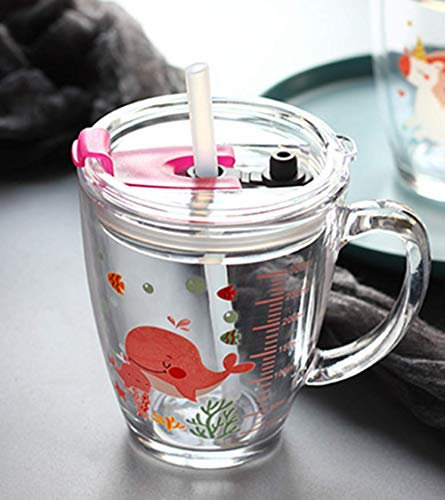 ITODA Glas Kinder Wasserbecher 300ml Becher Trinkbecher mit Stroh Trinkglas mit Deckel Messbecher Mikrowellengeeignet Wasserglas Hitzebeständig Saftglas Jungen Mädchen Getränkebecher für Milch Wasser