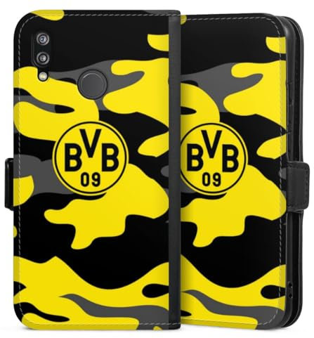 Klapphülle kompatibel mit Huawei P20 Lite Handyhülle aus Kunst Leder schwarz Flip Case BVB Borussia Dortmund Fanartikel