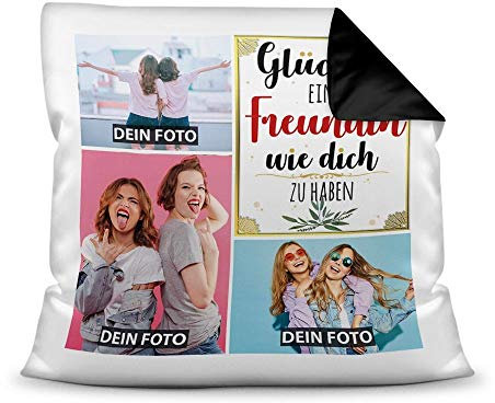 PR Print Royal Kissen mit Füllung - Fotocollage selbst gestalten mit Spruch für Freundin - GLÜCK - mit DREI eigenen Fotos - Geschenkidee Fotokissen - Farbkissen Rückseite Schwarz