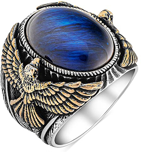 mysilverworld Herren-Ring aus massivem 925er-Sterlingsilber, Adlerfigur, oval, blaues Tigerauge, Stein