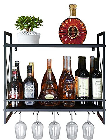 CNNINGYI Weinregale zur Wandmontage, 24,2-Zoll-Mehrzweckregal aus schwarzem Metall mit Glashalter, 2-stufiger Flaschenhalter zur Wandmontage, Glasregal
