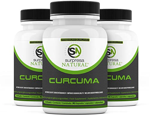 Surpresa Natural Curcuma-Kapseln hochdosiert I 3 x 90 Stück I Mit 450mg Curcuma-Pulver & 200mg Kurkuma-Extrakt I Vorrat für 9 Monate I Kurkuma-Kapseln mit Curcumin & Piperin I vegan & natürlich