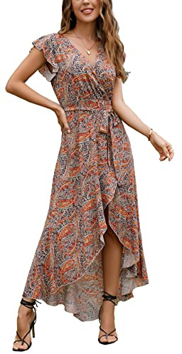 GRECERELLE Womens Summer Maxi Dress Boho Floral Cocktail Polka Dot Wrap Dresses V Neck Casual Party Bohemian Flowy Long Dress for Ladies (Cashew Navyblue, XXL)