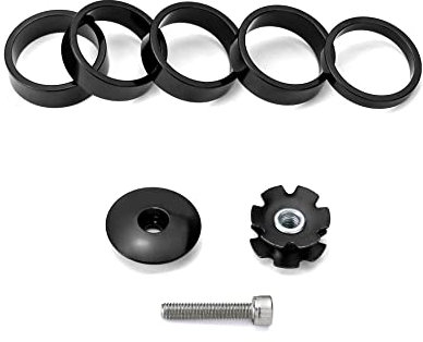 QWORK® Fahrrad Abstandshalter Set für 1 1/8 Zoll 28.6mm Fahrradlenker Vorbau, 5/10/10/10/10mm Lenkererhöhung mit Steuersatz Kappe für MTB Rennrad (Schwarz)