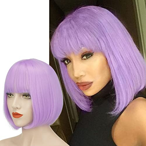 Sofeiyan Kurzer gerader Bob Perücken mit Pony 11 Zoll Synthetische Tägliche Party Haar Perücke für Schwarze Frauen, Lavendel Lila