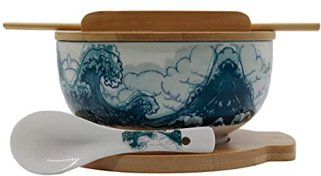 XWORLD Japanese Ceramic Ramen Noodle Bowls Set with Ceramic Spoon, Bamboo Chopsticks, Lid & Trivet, Serving Capacity of 33.8 OZ, Microwavable Oven Safety (3.3” x 6.6” D) (Blue Sea)