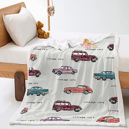 Highdi Wohndecke Flauschige Kuscheldecke Zweiseitige Warm Fleece Decke, Karikatur Auto Wagen Drucken Fleecedecke als Sofaüberwurf, Tagesdecke oder Wohnzimmerdecke (140x180cm,Oldtimer)