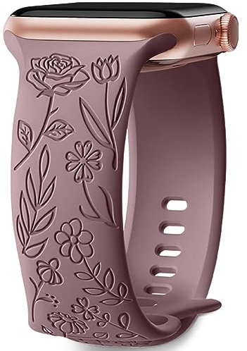 Mastten Intagliato Fiore Cinturino Compatibile Con Apple Watch 42mm 44mm 45mm 49mm, Morbido Silicone Elegante Modello Rosa per Series 9 8 7 6 5 4 3 2 1 SE, Fumo Viola
