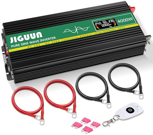 JIGUUN 4000W 8000W Wechselrichter Spannungswandler 24V auf 230V Reiner Sinus mit LCD-Anzeige,Drahtlose Fernsteuerung,2 EU Steckdosen,1 USB, Geeignet für Wohnmobil,Camper,LKW