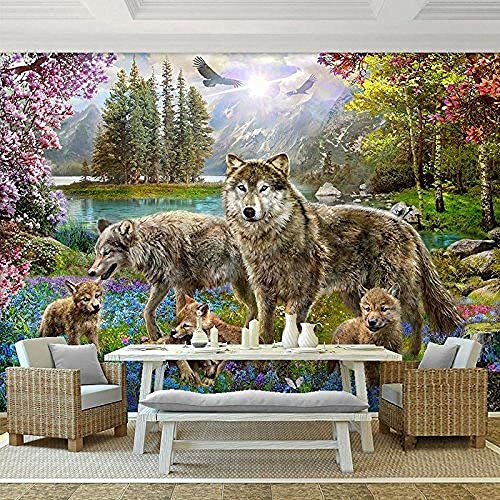 Papiers Peints Muraux 3D Forêt Rouge Pêche Loup Gris Animal 3D Papier Peint Salon Canapé Tv Mur Chambre Papier Peint Peel And Stick Mur Photo Amovible Mur Affiches Auto-Adhésif Mur Art 140 x 70 cm