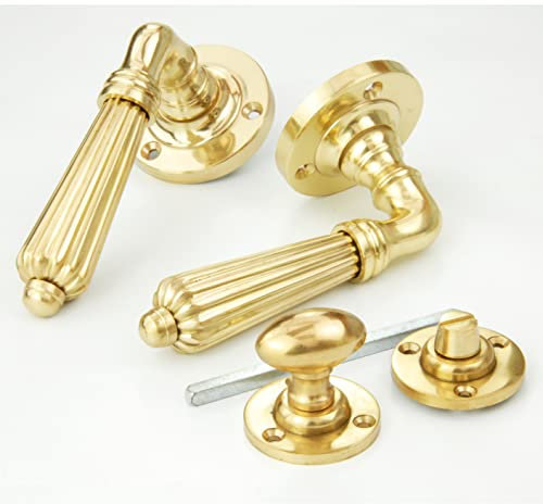 UNDERGROUND PARTS Jones & Grey Regency Reeded Lever Door Handles & Bathroom Thumb Turn Release Polished Brass