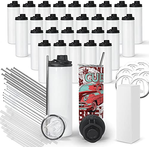 FECBK Lot de 30 bouteilles d'eau de sublimation de 591 ml avec poignée en acier inoxydable avec couvercles et pailles, boîte individuelle, blanc, cadeau à faire soi-même