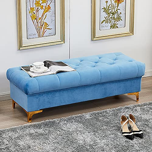 Samt e Sitzbank,Premium Gepolsterte Sitzbank,Modernes Zuhause Schlafzimmer Wohnzimmer Flur Fußhocker Schuhbank Multifunktionsbänke-Blau 100x45x40cm(39x18x16inch)