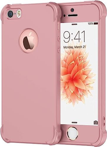 Case (ROSE) Compatible with iPhone 5/5S/SE for iPhone SE 1st Gen,with[2xTempered Glass Screen Protector]Ultra Thin Shockproof Anti Scratch Hard PC Silicone TPU Case Rosegold